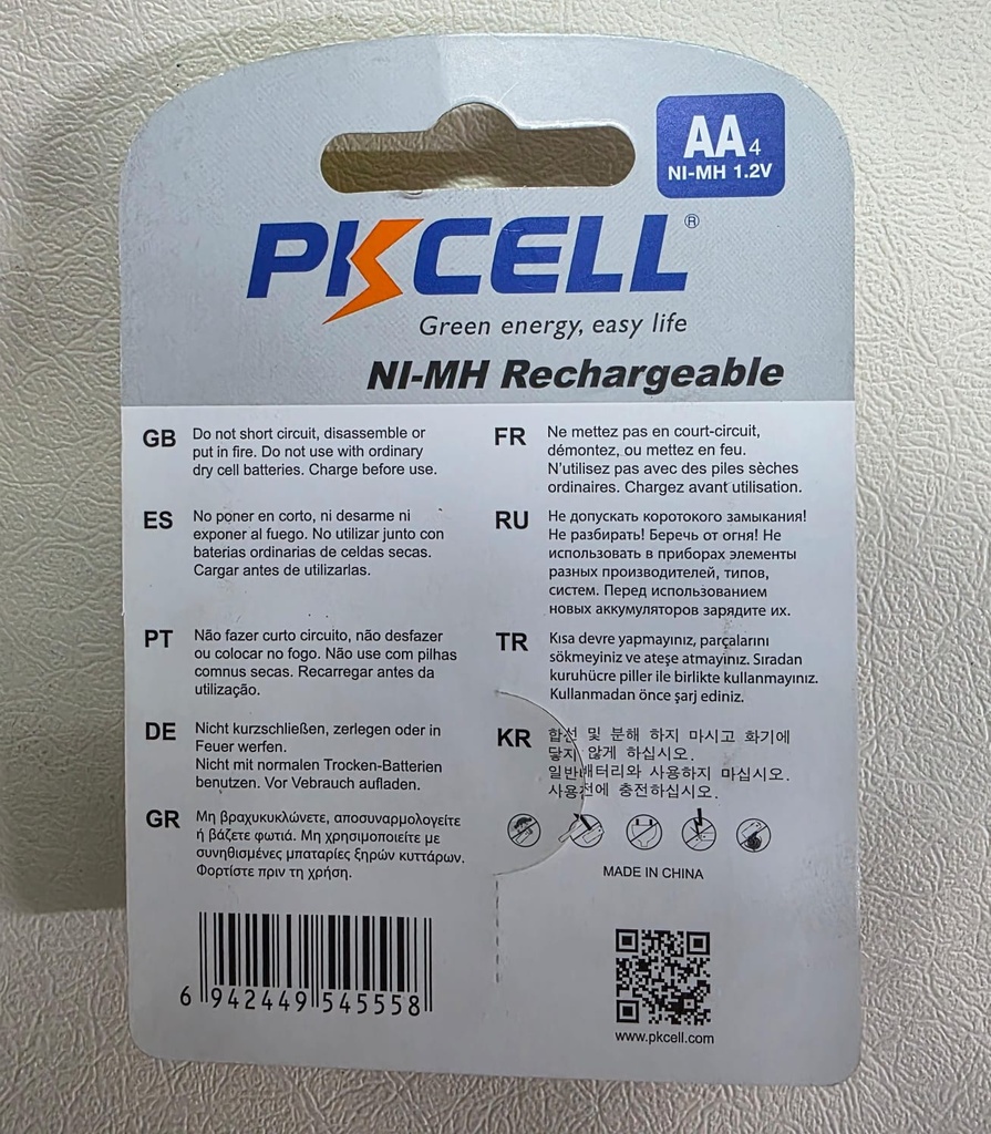 Pila Recargable PKCELL 1.2V AA 600mAh Ni-MH - Blíster x 4 Und. |AA600-4B|